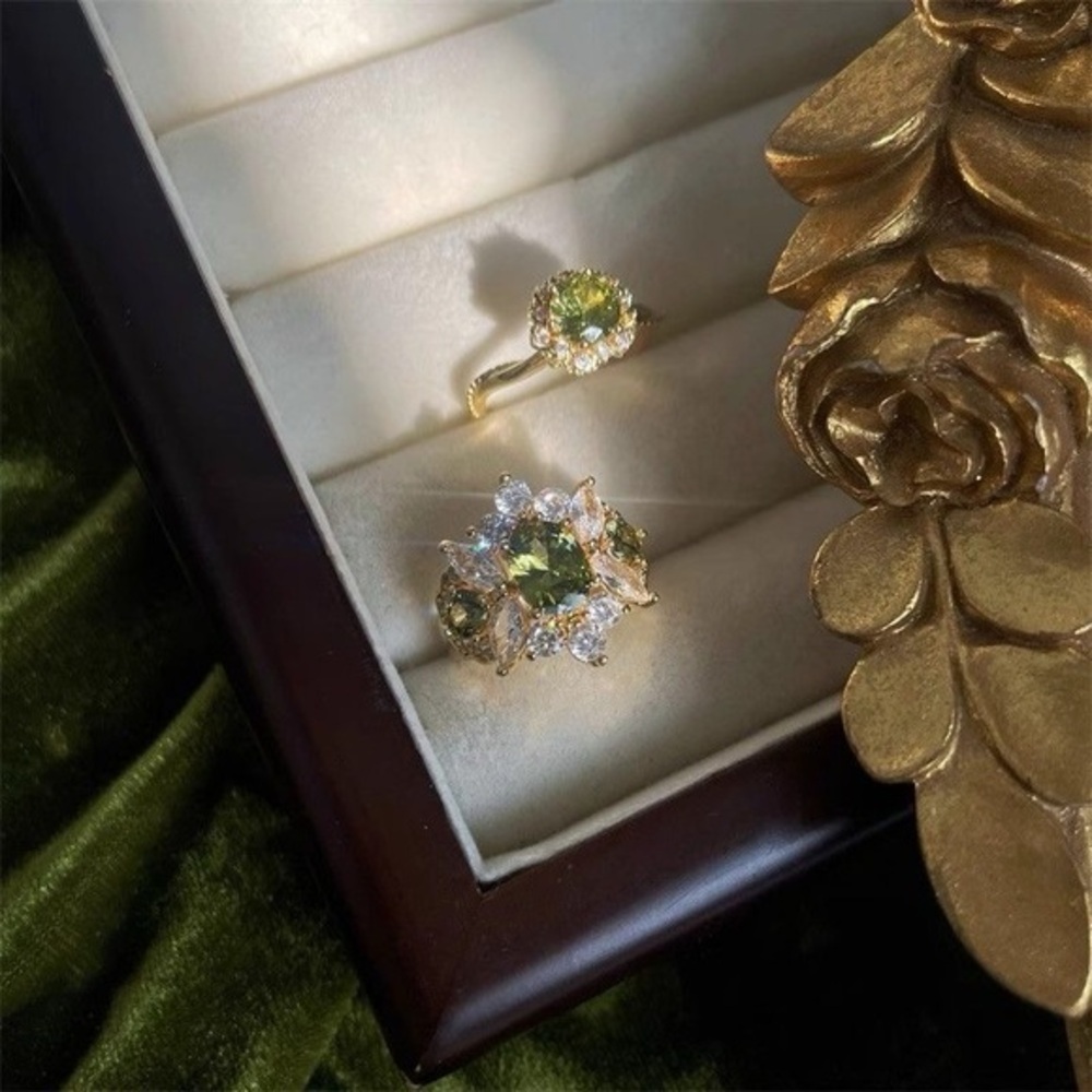 Olive Green Crystal Adjustable Ring Set | Elegant French Style Open Band Jewelry